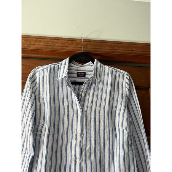 NWOT UNTUCKit Women's Linen Wehlen Stripe Button Up Shirt Blue/White Size 2 - Picture 2 of 11